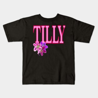 Top 10 best personalised gifts  -  first name Tilly, Mathilda, Mathilde, preppy personalised,personalized name with painted lilies Kids T-Shirt